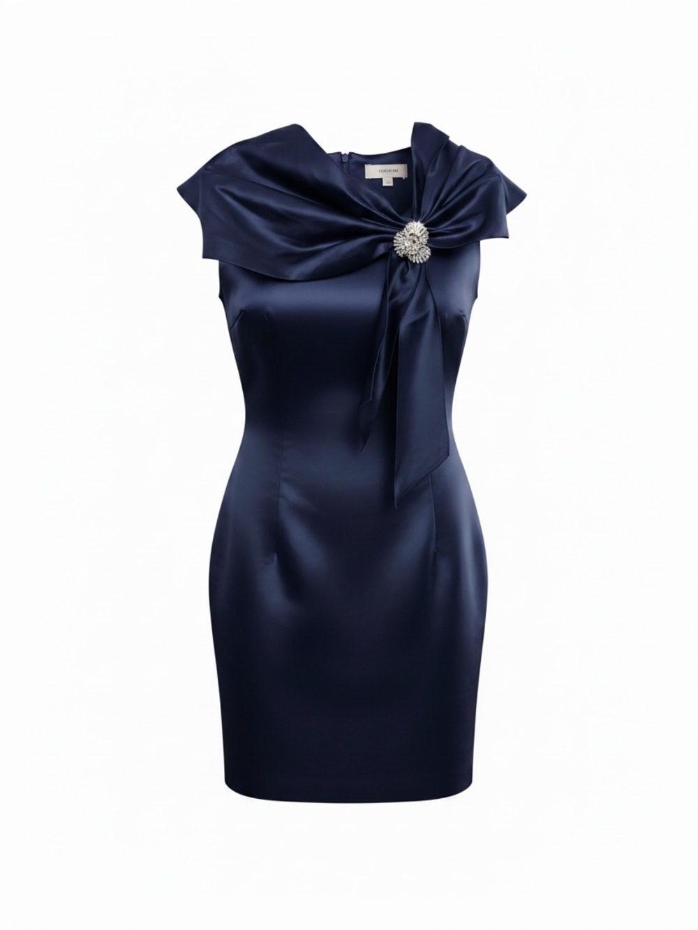 Elegant Navy Satin Midi Dress with Decorative Brooch- Class Act!